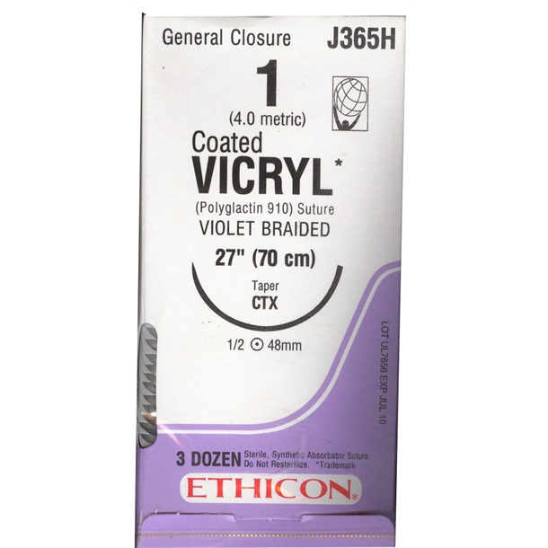 1/0 VICRYL SUTURE 48MM NEEDLE, 70CM DYED. BOX OF 36