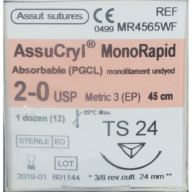  2/0 Assut AssuCryl MonoRapid 24mm x 45cm with Reverse Cutting needle - Undyed. Pack of 12