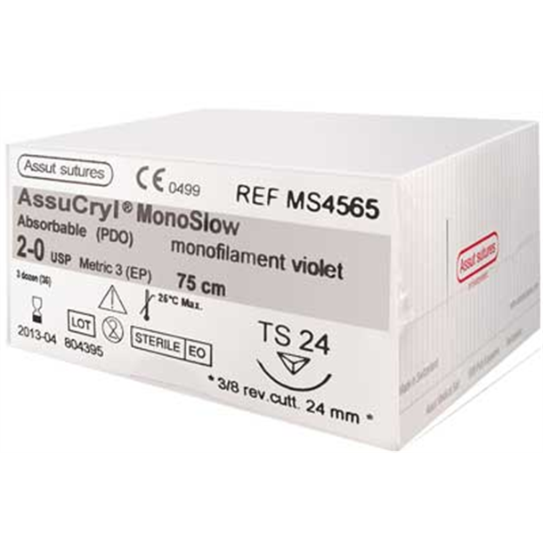  2/0 Assut AssuCryl MonoSlow Violet Sutures 24mm x 75cm with 3/8 Reverse Cutting Needle. Pack of 36