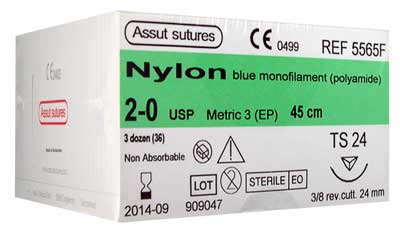  2/0 Assut Nylon Suture 24mm 3/8 RC Needle, 45cm. Pack of 36