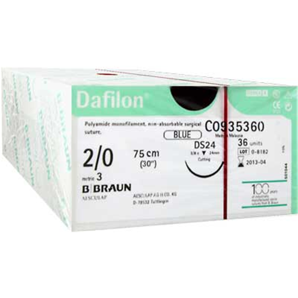 2/0 BRAUN DAFILON SUTURE 24MM 3/8 RC NEEDLE, 75CM. BOX OF 36