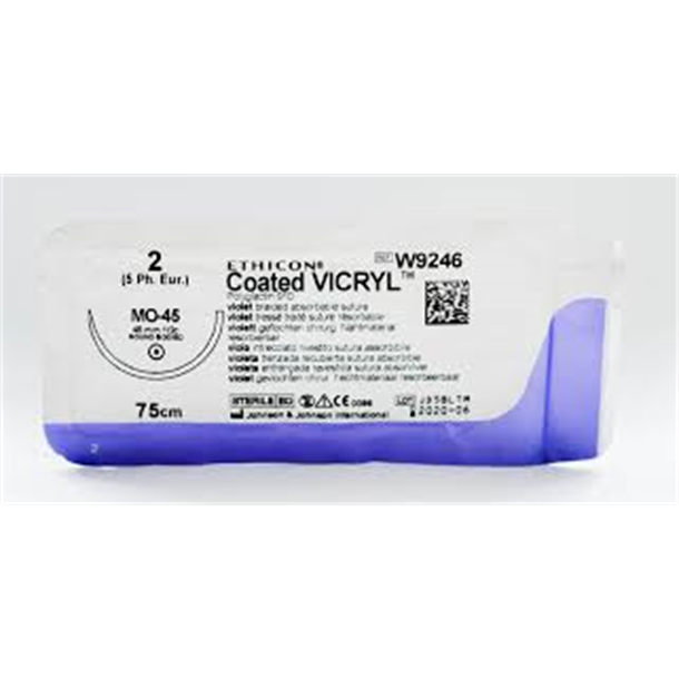 2/0 VICRYL SUTURE 45mm 1/2 Circle RB Needle, 75cm Dyed. Box of 12