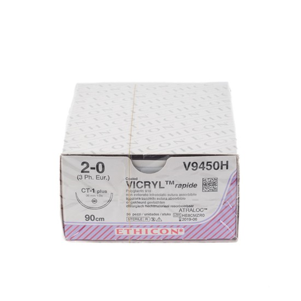 2/0 Vicryl Rapide Sutue 60mm 1/2 Circle Tapered Point Needle, 90cm Undyed, Box of 36