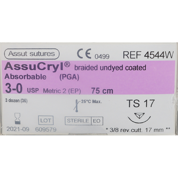 3/0 Assut AssuCryl 17mm x 75cm with 3/8 Reverse Cutting Needle - Undyed. Pack of 36