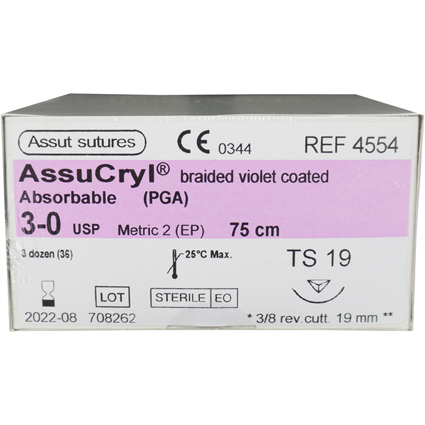  3/0 Assut AssuCryl 19mm x 75cm with 3/8 Reverse Cutting Needle - Violet. Pack of 36