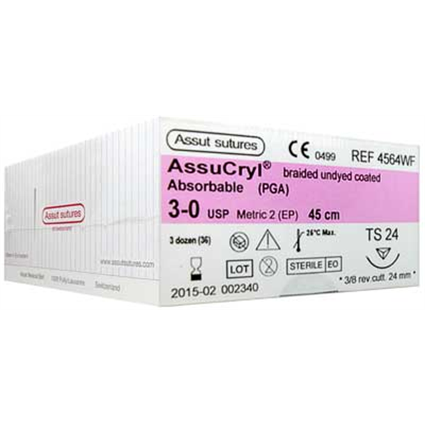  3/0 Assut AssuCryl 24mm x 45cm with 3/8 Reverse Cutting Needle - Undyed. Pack of 36