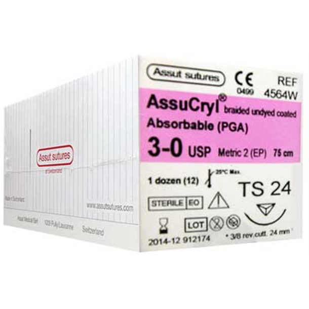  3/0 Assut AssuCryl 24mm x 75cm with 3/8 Reverse Cutting Needle - Undyed. Pack of 36