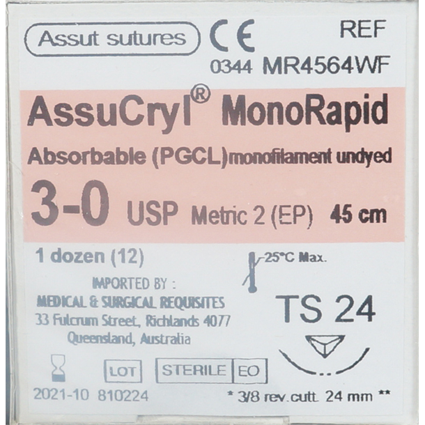  3/0 Assut AssuCryl MonoRapid 24mm x 45cm with 3/8 Reverse Cutting Needle - Undyed. Pack of 12 