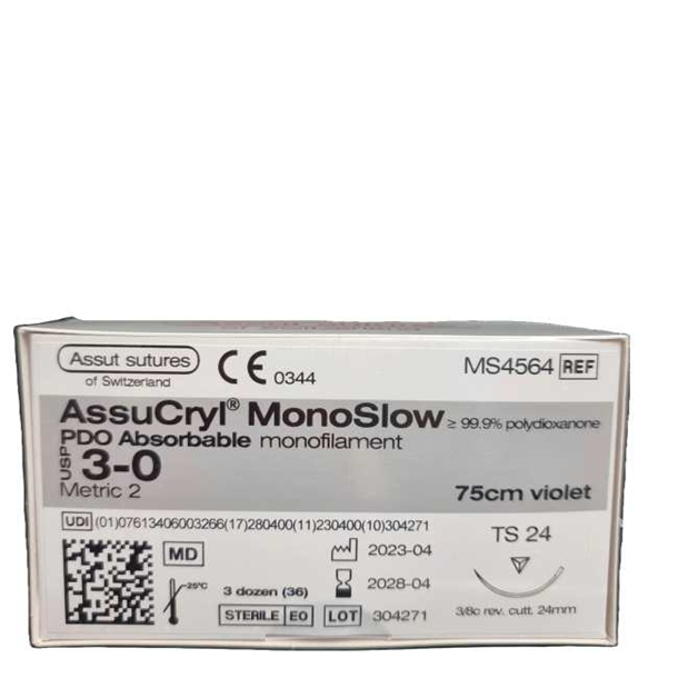  3/0 Assut AssuCryl MonoSlow Violet Sutures 24mm x 75cm with 3/8 Reverse Cutting Needle. Pack of 36