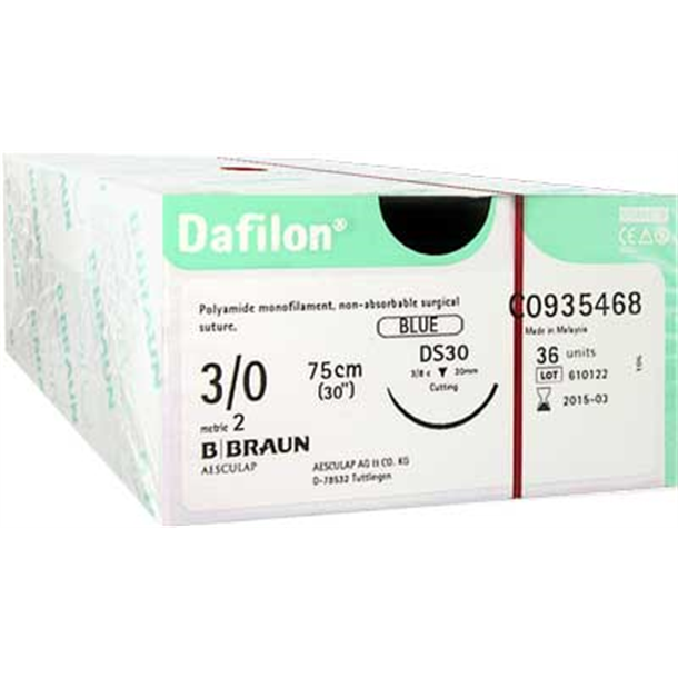 3/0 BRAUN DAFILON SUTURE 30MM 3/8 RC NEEDLE, 75CM. BOX OF 36