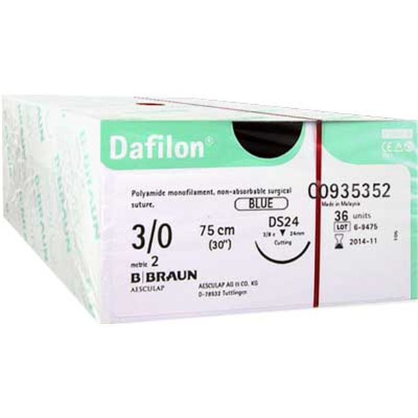 3/0 Braun Dafilon Suture 24mm 3/8 RC Needle, 75cm. Pack of 36