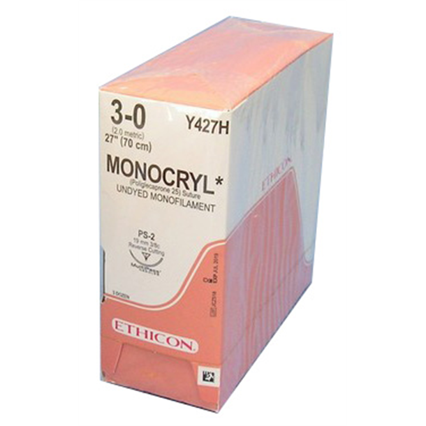3/0 Ethicon Monocryl 19mm x 70cm with Reverse Cutting Needle - Undyed. Pack of 36