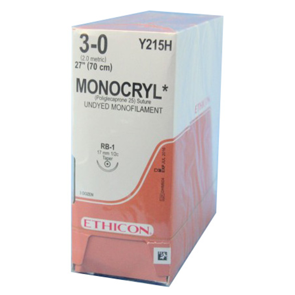 3/0 Monocryl Suture Undyed 70cm 17mm RB Taperpoint Needle. Box 36