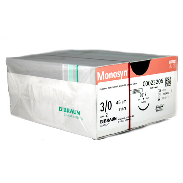3/0 Monosyn Undyed Suture 19mm 3/8 RC Needle, 45cm. Pack of 36