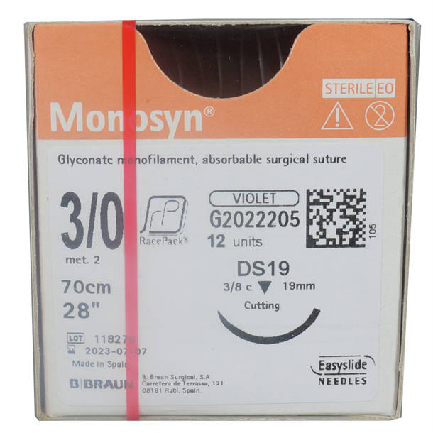 3/0 Monosyn Violet Suture 19mm 3/8 Circle RC Needle, 70cm. Pack of 12