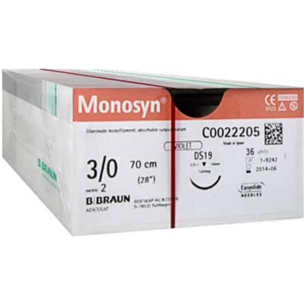 3/0 Monosyn Violet Suture 19mm 3/8 RC Needle, 70cm. Pack of 36