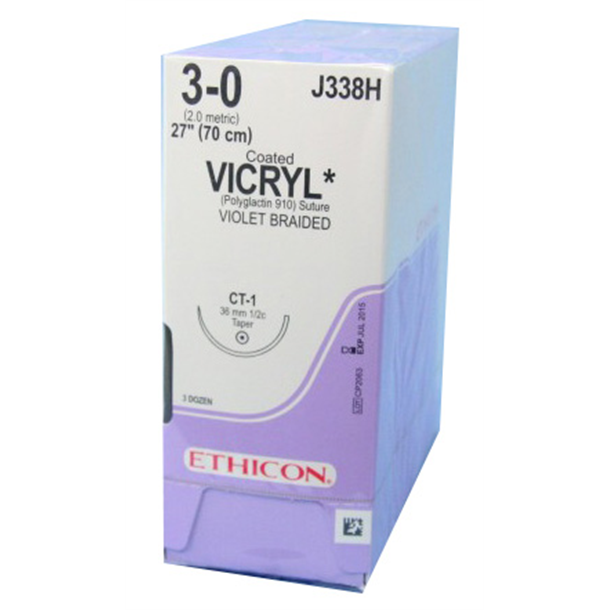 3/0 VICRYL SUTURE 36MM, 70CM DYED. BOX OF 36