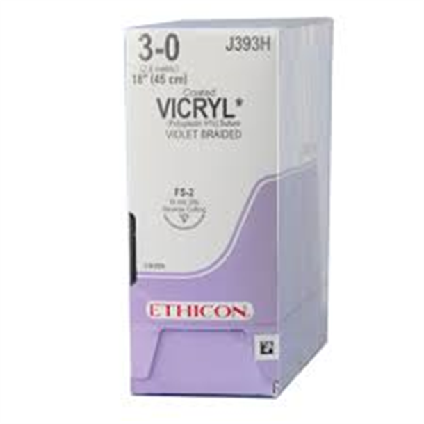 3/0 Vicryl Suture Violet 45cm, 19mm 3/8 RC Needle. Box of 36