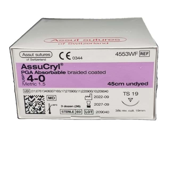  4/0 Assut AssuCryl 19mm x 45cm with 3/8 Reverse Cutting Needle - Undyed. Pack of 36