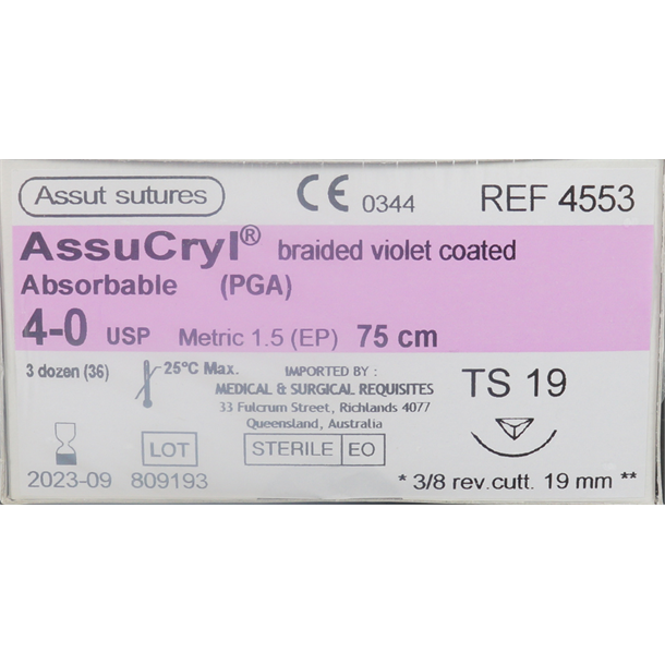  4/0 Assut AssuCryl 19mm x 75cm with 3/8 Reverse Cutting Needle - Violet. Pack of 36