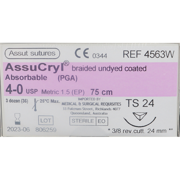  4/0 Assut AssuCryl 24mm x 75cm with 3/8 Reverse Cutting Needle - Undyed. Pack of 36