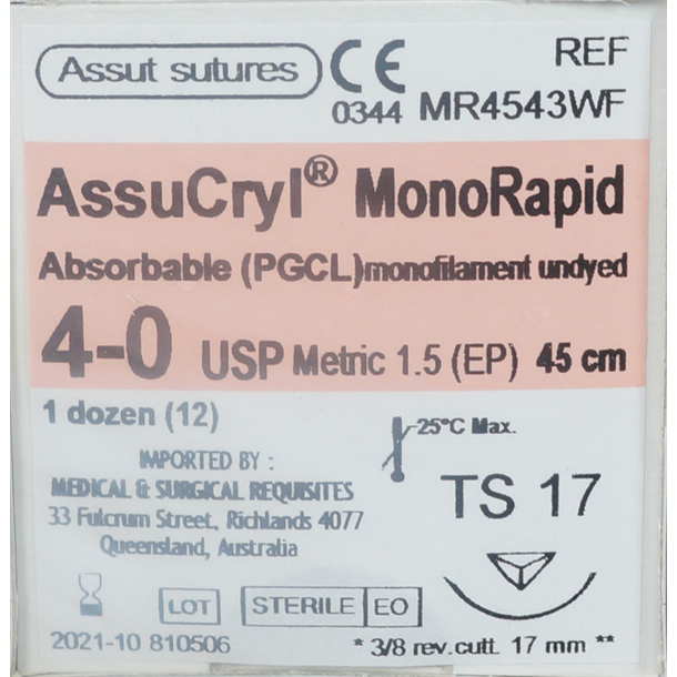 4/0 Assut AssuCryl MonoRapid 17mm x 45cm with 3/8 Reverse Cutting Needle - Undyed. Pack of 12