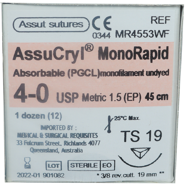  4/0 Assut AssuCryl MonoRapid 19mm x 45cm with 3/8 Reverse Cutting Needle - Undyed. Pack of 12