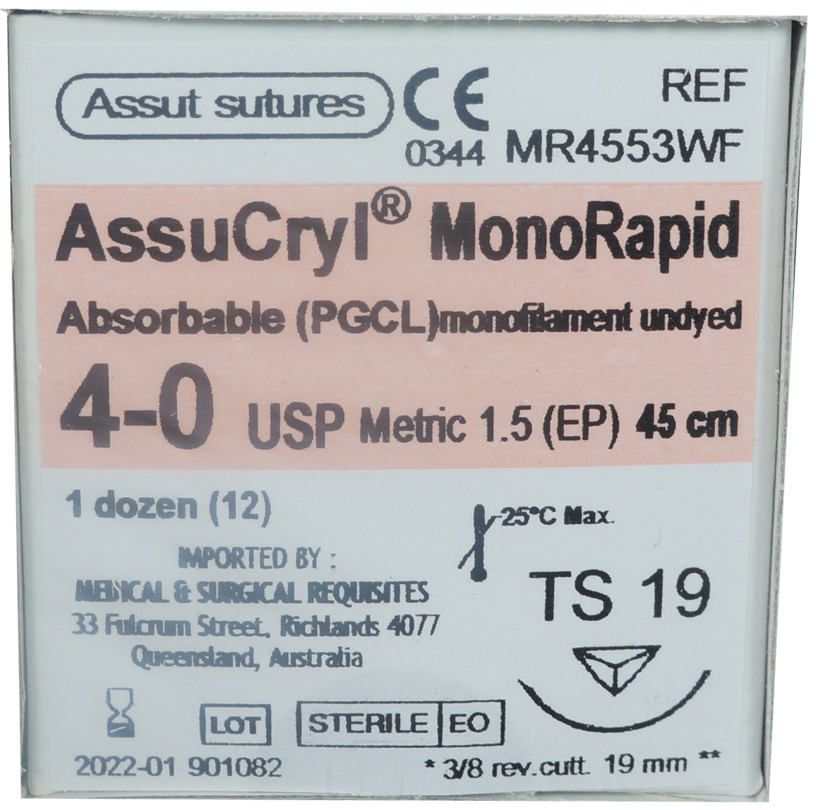  4/0 Assut AssuCryl MonoRapid 19mm x 45cm with 3/8 Reverse Cutting Needle - Undyed. Pack of 12