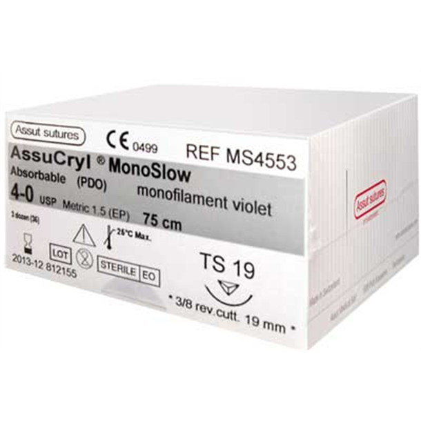 4/0 Assut AssuCryl MonoSlow Violet Sutures 19mm x 75cm with 3/8 Reverse Cutting Needle. Pack of 36