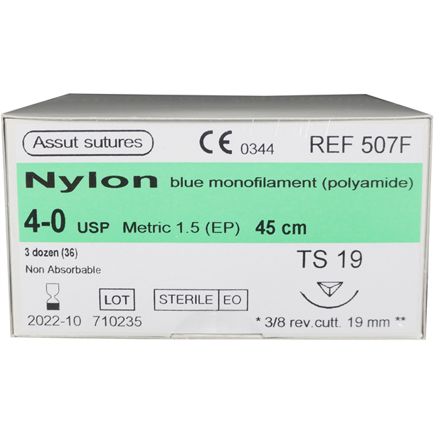  4/0 Assut Nylon Suture 19mm 3/8 RC Needle, 45cm. Pack of 36