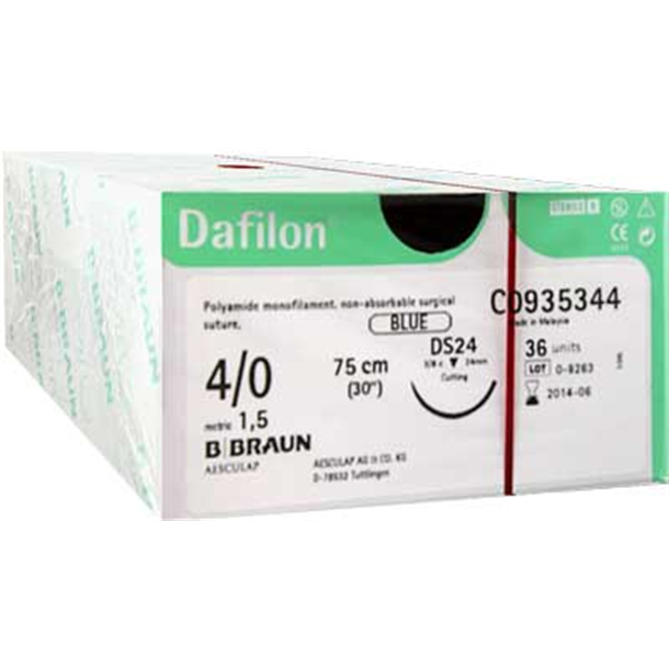 4/0 Braun Dafilon Suture 24mm 3/8 RC Needle, 75cm. Pack of 36