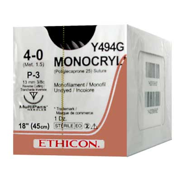 4/0 Monocryl Suture 13mm RC Needle, 45cm Undyed. Pack of 12