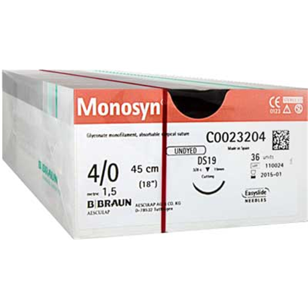 4/0 Monosyn Suture 19mm 3/8 RC Needle, 45cm. Pack of 36