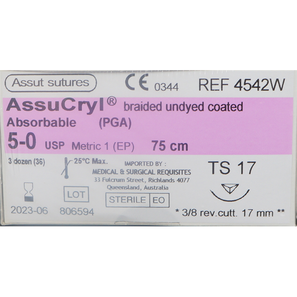  5/0 Assut AssuCryl 17mm x 75cm with 3/8 Reverse Cutting Needle - Undyed. Pack of 36