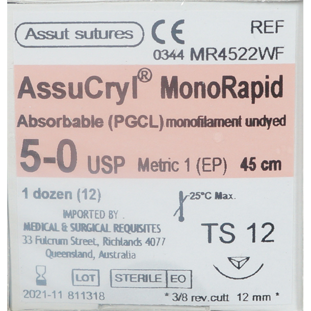  5/0 Assut AssuCryl MonoRapid 12mm x 45cm with 3/8 Reverse Cutting Needle - Undyed. Pack of 12 