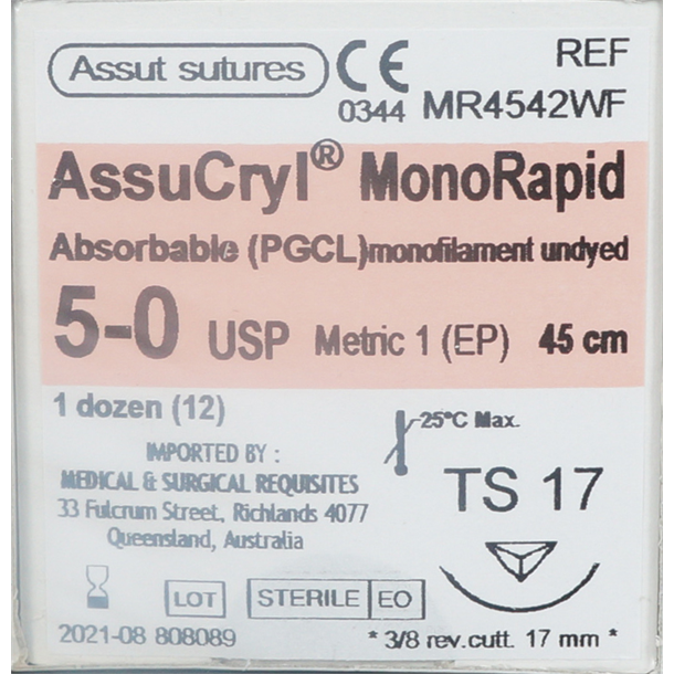  5/0 Assut AssuCryl MonoRapid 17mm x 45cm with 3/8 Reverse Cutting Needle - Undyed. Pack of 12