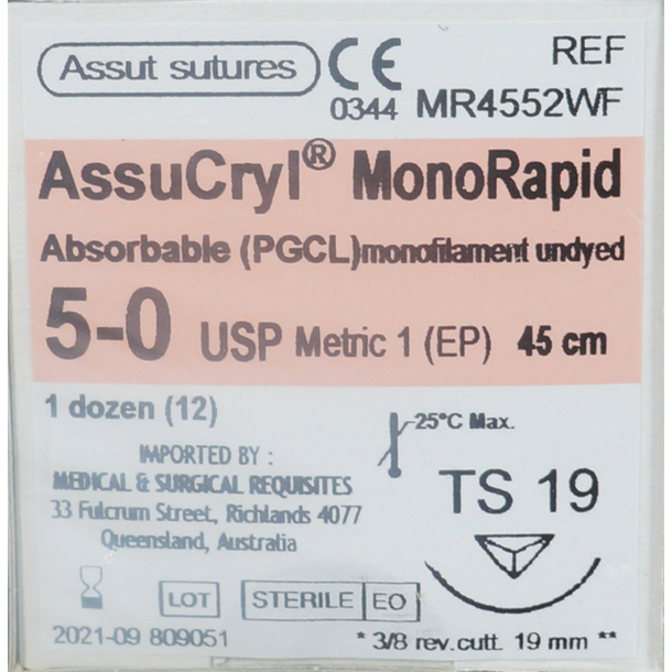  5/0 Assut AssuCryl MonoRapid 19mm x 45cm with 3/8 Reverse Cutting Needle - Undyed. Pack of 12