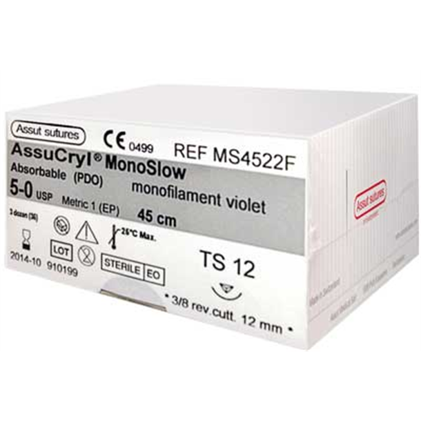  5/0 Assut AssuCryl MonoSlow Violet Sutures 12mm x 45cm with 3/8 Reverse Cutting Needle. Pack of 36