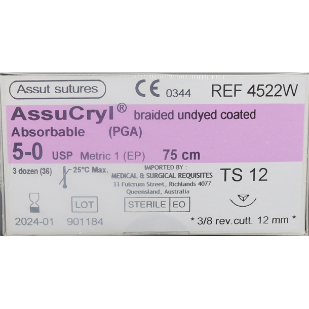  5/0 Assut AssuCryl Suture 12mm x 75cm with 3/8 Reverse Cutting Needle - Undyed. Pack of 36