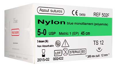  5/0 Assut Nylon Suture 12mm 3/8 RC Needle, 45cm. Pack of 36