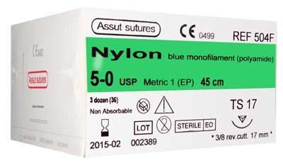  5/0 Assut Nylon Suture 17mm 3/8 RC Needle, 45cm. Pack of 36