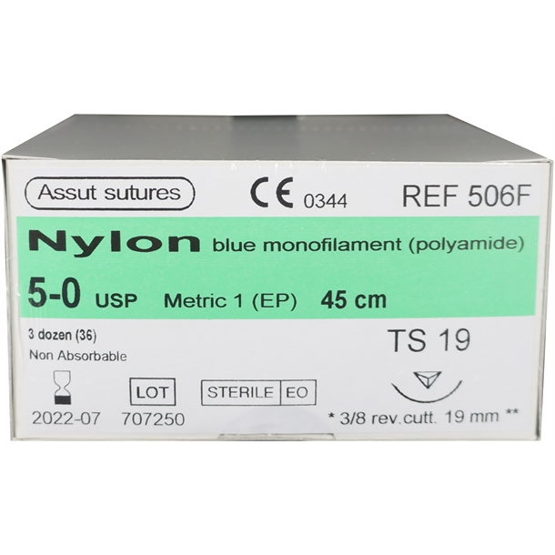  5/0 Assut Nylon Suture 19mm 3/8 RC Needle, 45cm. Pack of 36