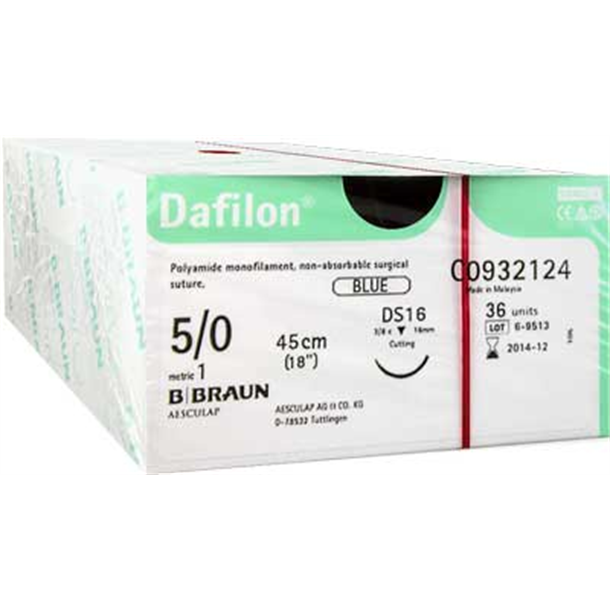 5/0 Braun Dafilon Suture 16mm 3/8 RC Needle, 45cm. Pack of 36
