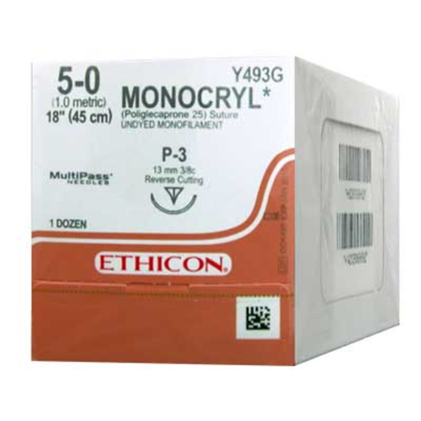 5/0 Monocryl Suture 12.9mm Needle, 45cm. Pack of 12