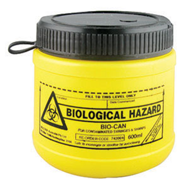 600ml Short Round Sharps Container Yellow with Screw Cap