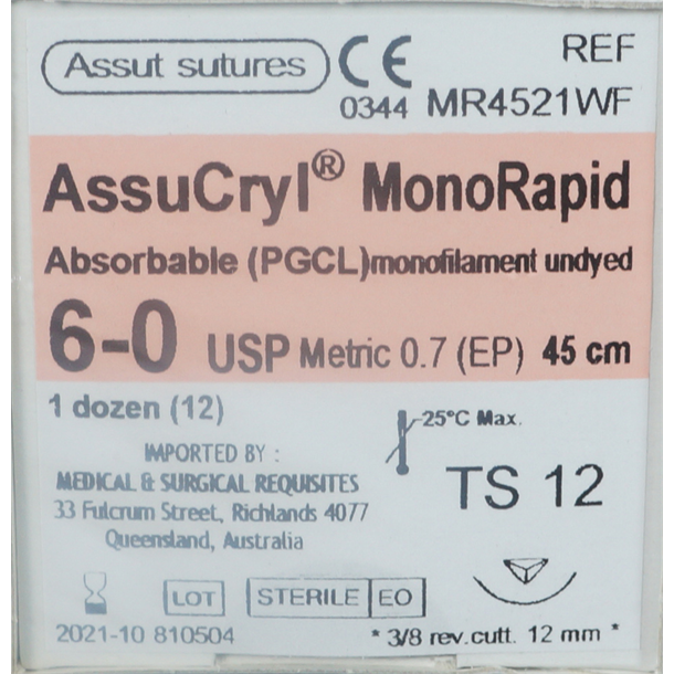  6/0 Assut AssuCryl MonoRapid 12mm x 45cm with 3/8 Reverse Cutting Needle - Undyed. Pack of 12