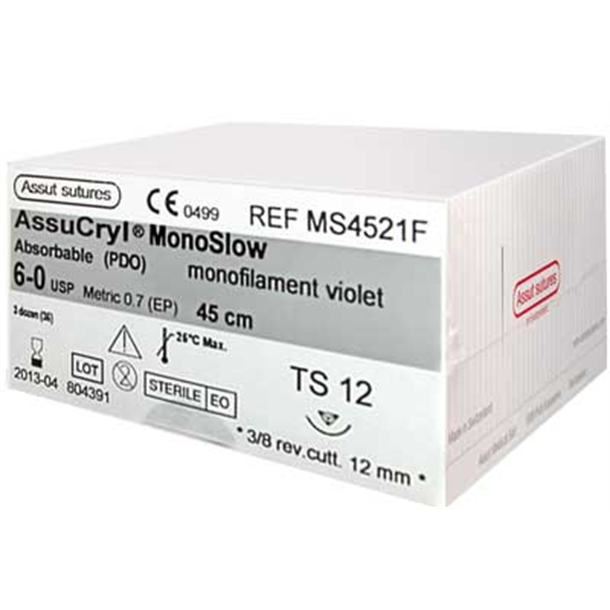  6/0 Assut AssuCryl MonoSlow Violet Sutures 12mm x 45cm with 3/8 Reverse Cutting Needle. Pack of 36