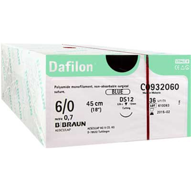 6/0 Braun Dafilon Suture 12mm 3/8 RC Needle, 45cm. Pack of 36