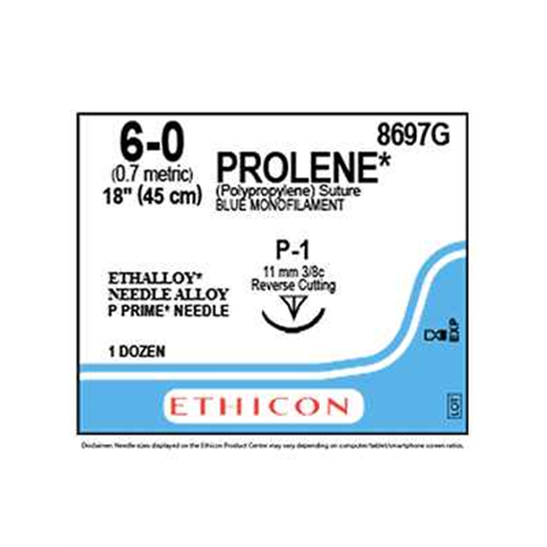6/0 Prolene Suture, 11mm 3/8 RC Needle, 45cm. Box of 12 