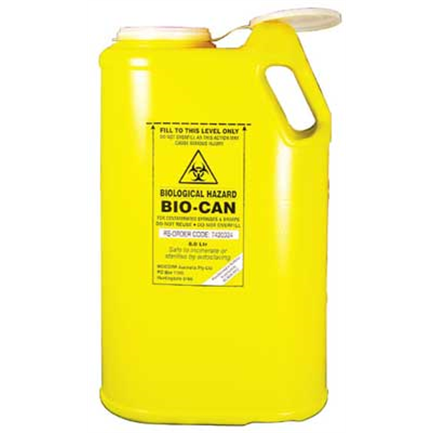 8L Sharps Container Yellow. Oval with Handle and Funnel Top